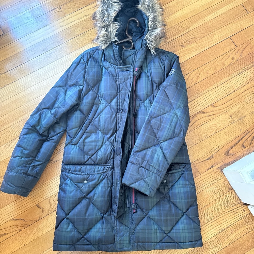 Abercrombie & Fitch Plaid Puffer Coat with Faux Fur Hood